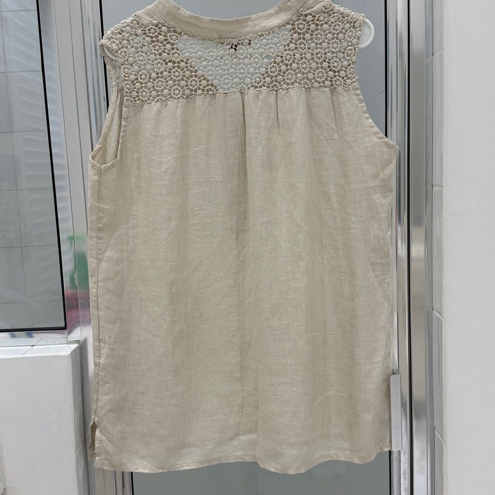 Sleeveless Top embroidered beige Pearl Buttons made in Italy 100% Linen Large - Picture 5 of 7